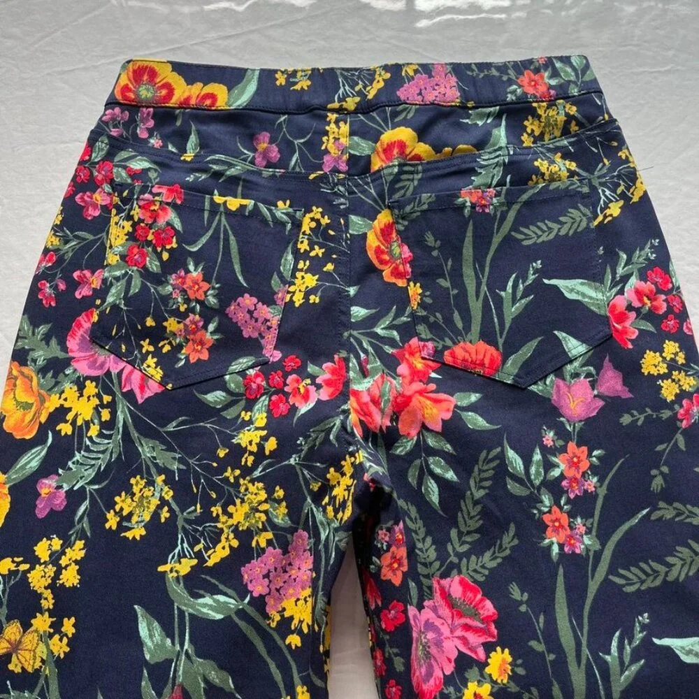 Susan Graver Floral Stretch Pull-On Pants Navy Multi Size 4